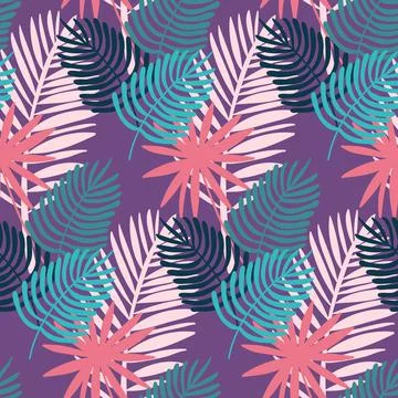 Monstera and palm seamless pattern, tropical purple lilac leaf, vector Illustrazione stock