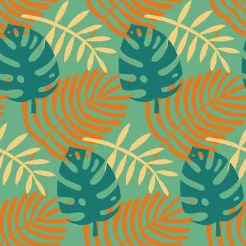 Monstera and palm seamless pattern, green yellow tropical leaves, vector Illustrazione stock