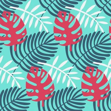 Monstera and palm seamless pattern, tropical leaf, vector Illustrazione stock