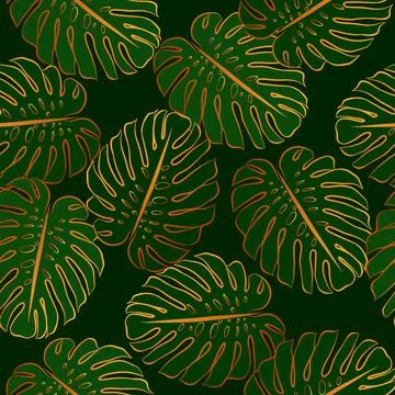 Monstera gold leaf seamless pattern. Vector botanical wallpaper template. Gra イラスト素材