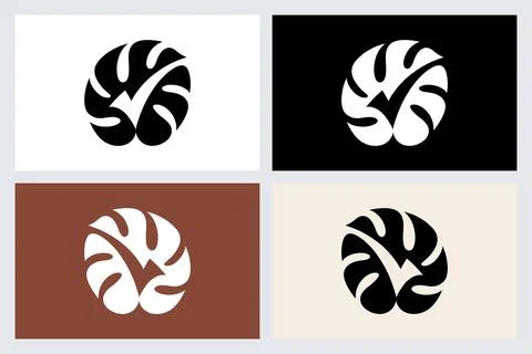 Monstera Leaf Check Mark Minimalist Logo Set Stock Illustration