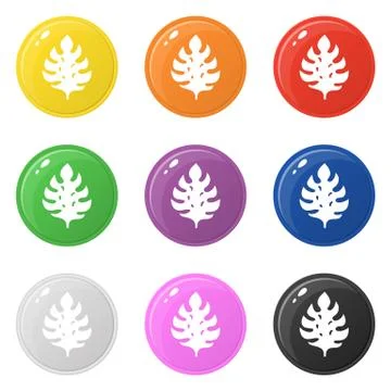 Monstera leaf icons set 9 colors isolated on white. Collection of glossy roun Stock Illustration