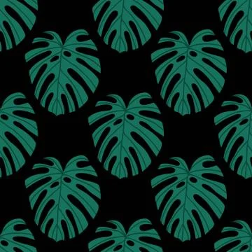 Monstera leaf seamless doodle pattern, vector hand draw illustration Stock Illustration