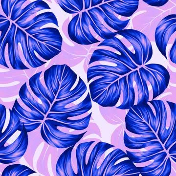 Monstera leaf seamless pattern. Colorful vivid print with beautiful palm jungle Stock Illustration