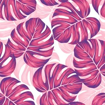 Monstera leaf seamless pattern. Colorful vivid print with beautiful palm jungle Stock Illustration