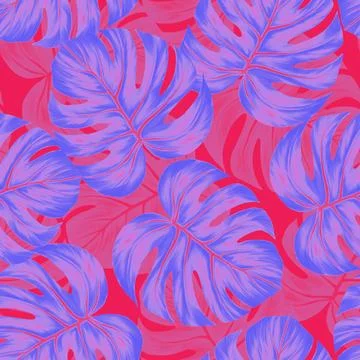 Monstera leaf seamless pattern. Colorful vivid print with beautiful palm jungle Stock Illustration