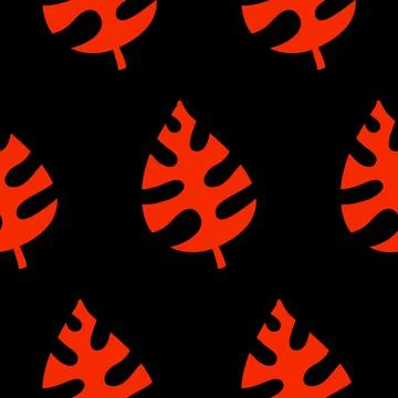 Monstera leaf seamless pattern, tropical leaf red on black, vector Stock Illustration