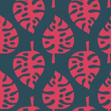 Monstera leaf seamless pattern, tropical pink crimson leaf, vector イラスト素材