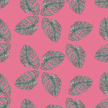 Monstera leaf seamless pattern.Vintage tropical branch in engraving style. Stock Illustration