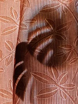 Monstera leaf shadow cast on patterned curtain in warm sunlight, abstract Stock Photos