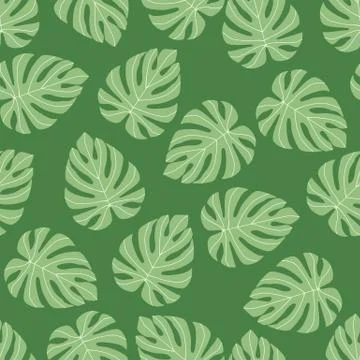 Monstera leaf simple shapes seamless doodle random pattern. Green tones palet Illustrazione stock
