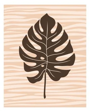 Monstera leaf on a striped background boho interior wall art. Minimal abstract Stock Illustration