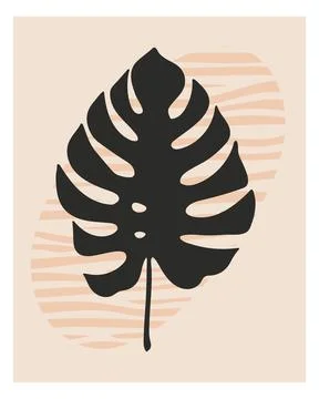 Monstera leaf on a striped background boho interior wall art. Minimal abstract Stock Illustration