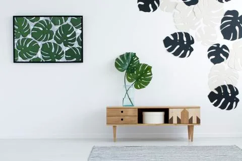 Monstera leaves in flat interior Stock-Fotos