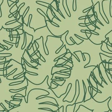 Monstera leaves seamless pattern in outline style. Botanical leaf backdrop. Stock Illustration
