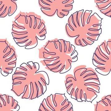 Monstera leaves seamless pattern in outline style. Modern botanical leaf back Stock Illustration