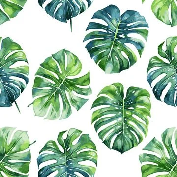 Monstera leaves seamless pattern on white background. Stock Illustration