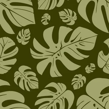 Monstera leaves vector pattern on dark green background Stock Illustration