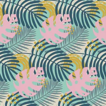 Monstera palm leaf seamless pattern, tropical pink trendy leaf, vector illust イラスト素材