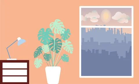 Monstera in the room. Nice view from the window. Room interior. Stock Illustration