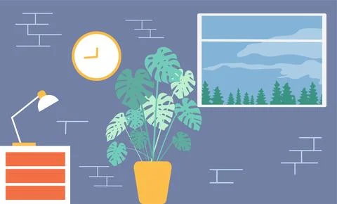 Monstera in the room. Nice view from the window. Room interior. Illustrazione stock