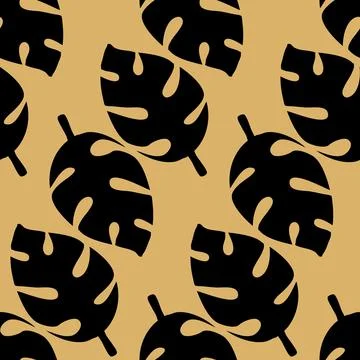 Monstera seamless pattern, carved black tropical leaf, vector Stock Illustration