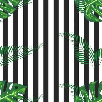 Monstera seamless striped pattern. Summer tropical design. Illustrazione stock