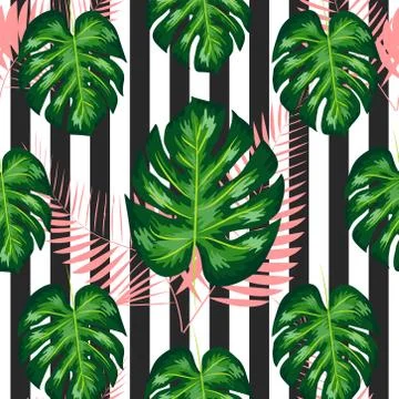 Monstera seamless striped pattern. Summer tropical design. Stock Illustration