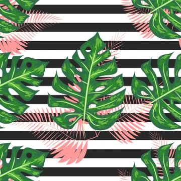 Monstera seamless striped pattern. Summer tropical design. Stock Illustration