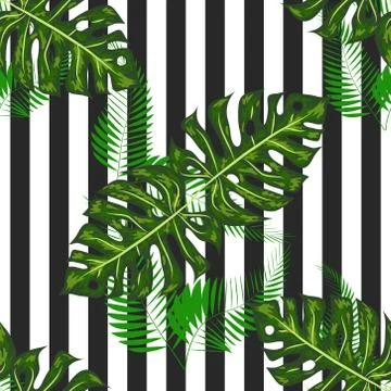 Monstera seamless striped pattern. Summer tropical design. Stock Illustration