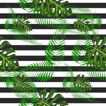 Monstera seamless striped pattern. Summer tropical design. 스톡 일러스트