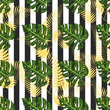 Monstera seamless striped pattern. Summer tropical design. Stock Illustration