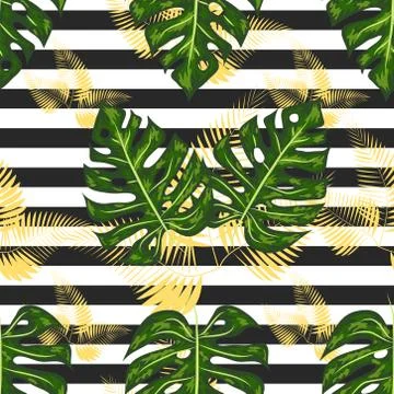 Monstera seamless striped pattern. Summer tropical design. Stock Illustration