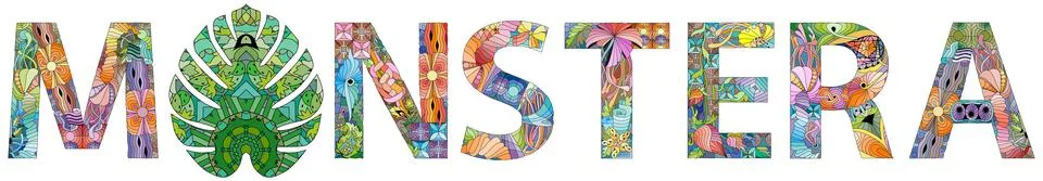 MONSTERA text design, clean and simple. Vector zentangle object for decoratio Stock Illustration