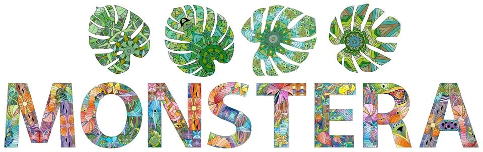 MONSTERA text design, clean and simple. Vector zentangle object for decoratio Illustration