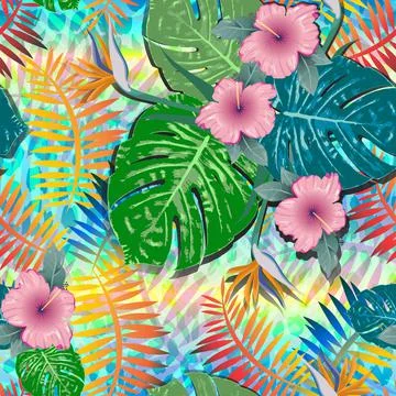 Monstera tropical leaf illustration. Vector banner. Seamless Pattern. 스톡 일러스트