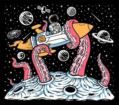Monsters attack astronaut rocket in space illustration Stock Illustration