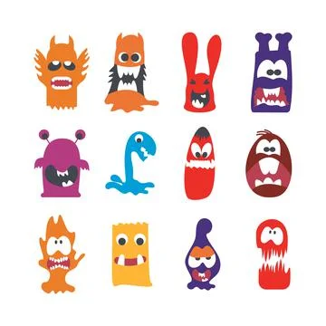 Monsters characters set flat with fun cheerful furious scary angry creatures  Stock Illustration