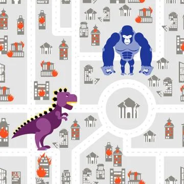 Monsters to destroy city seamless pattern. Godzilla and King Kong destroys bu Stock Illustration