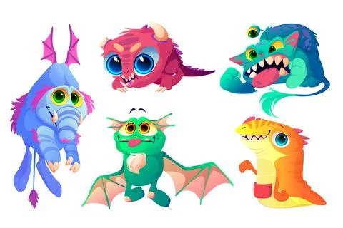 Monsters set, cute cartoon characters funny aliens Stock Illustration