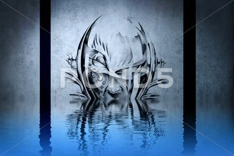 Monstrous character on blue wall reflections in the water Stock Illustration
