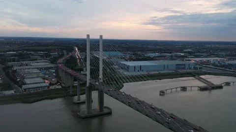 Monstrous highway cable-stayed bridge over wide river Stock-Footage 161130269