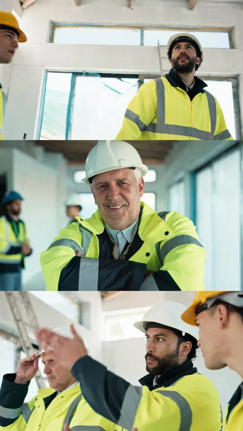 Montage, construction and face of people in building for planning, renovation Stock Footage 343603928