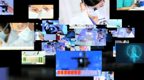 Montage fly through of Multi ethnic medical researchers using 3D touch screen  Stock Footage 29020013