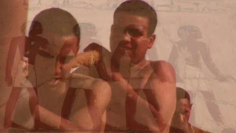 Montage of painting of laborers using rope to pull blocks of stone from Quarry Stock Footage 202906690