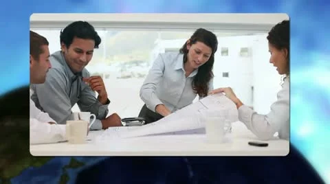 Montage of videos showing business meetings with Earth image courtesy of Stock Footage