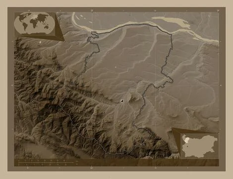 Montana, Bulgaria. Elevation map colored in sepia tones with lakes and rivers Illustrazione stock