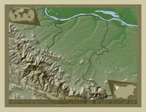 Montana, Bulgaria. Elevation map colored in wiki style with lakes and rivers Stock Illustration