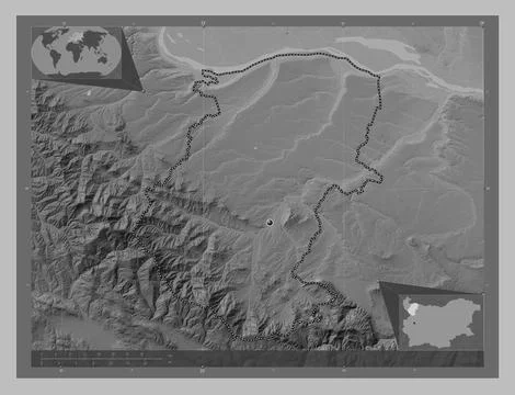 Montana, Bulgaria. Grayscale elevation map with lakes and rivers Stock Illustration