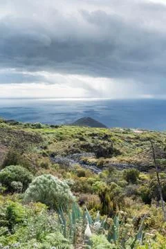 Montana del Azufre small volcano threatening clouds northeast of La Palma Stock Photos